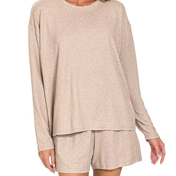 Zenana Soft Melange Long Sleeve Tee and Shorts Set - Picture 1 of 7